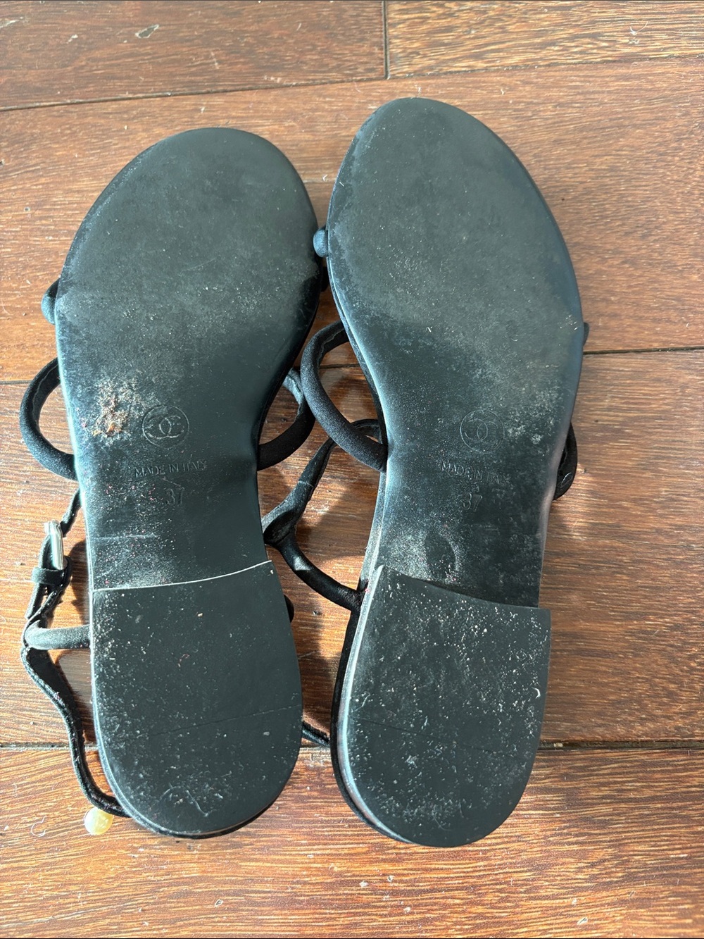 CHANEL Black Strappy Pearl-Accent Slingback Sandals 37/7 - Picture 6 of 7